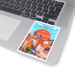 Europäische Stadtansicht Kiss-Cut-Aufkleber - langlebiges Vinyl mit glänzender Oberfläche - Montpellier Frankreich