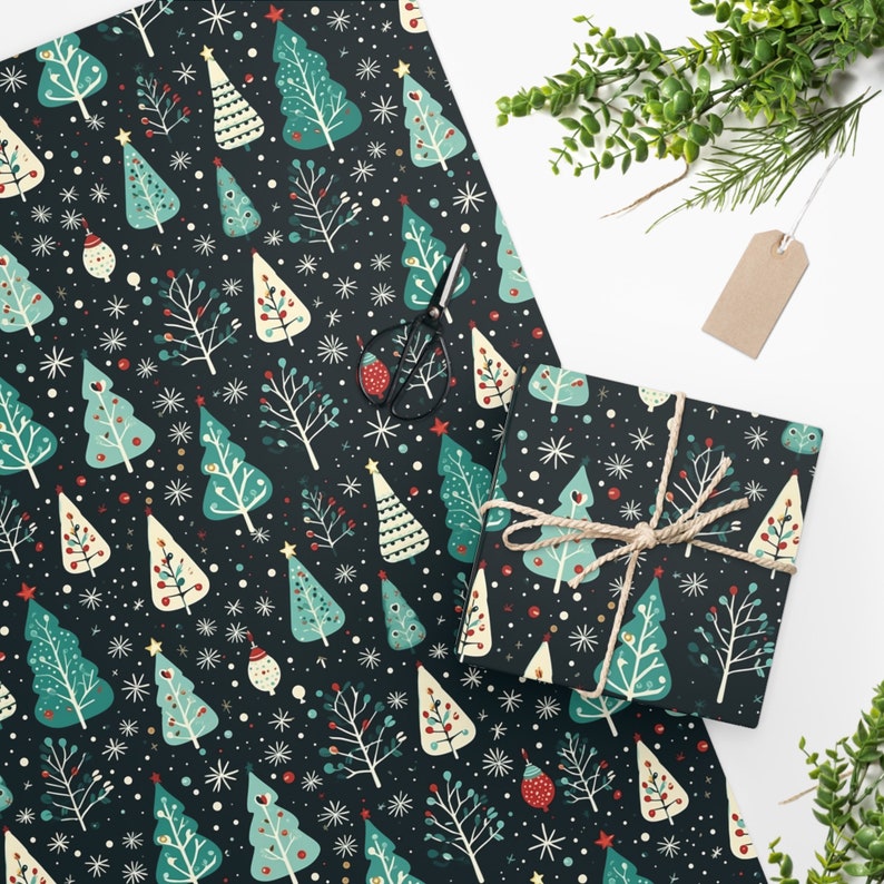 Christmas Trees and Ornaments Wrapping Paper  - Vintage Style - Christmas, Holiday, Birthday, Gift Wrapping