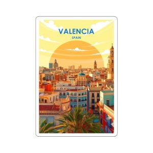 Europäische Stadtansicht Kiss-Cut-Aufkleber - strapazierfähiges Vinyl mit glänzender Oberfläche - Valencia, Spanien