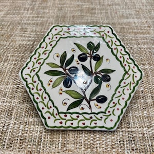 Ceramicas Coimbra Portuguese Ceramic Trivet, 6 Inch Hand Painted Hexagon Olive Branch Hot Plate, Made in Portugal