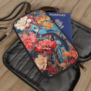 Cartera multifunción para pasaporte - Pájaro y flores - Tarjetas de crédito, efectivo, tarjetas de embarque - Ideal como regalo o accesorio de viaje