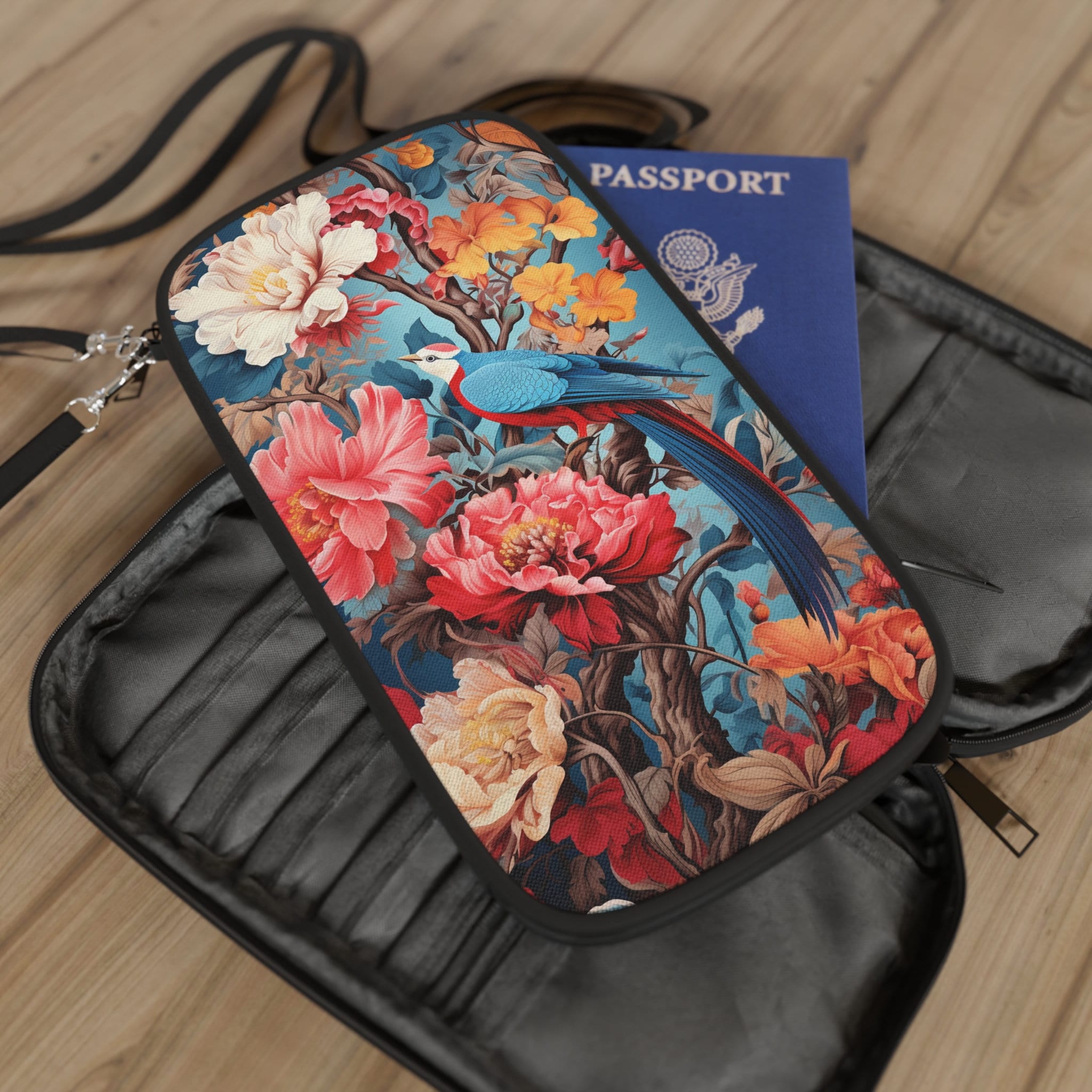 Floral Vogel Reisepass-Portemonnaie: Reise-Organizer mit Reißverschluss & Riemen