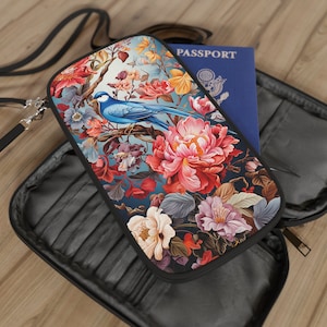 Cartera multifunción para pasaporte - Pájaro y flores - Tarjetas de crédito, efectivo, tarjetas de embarque - Ideal como regalo o accesorio de viaje