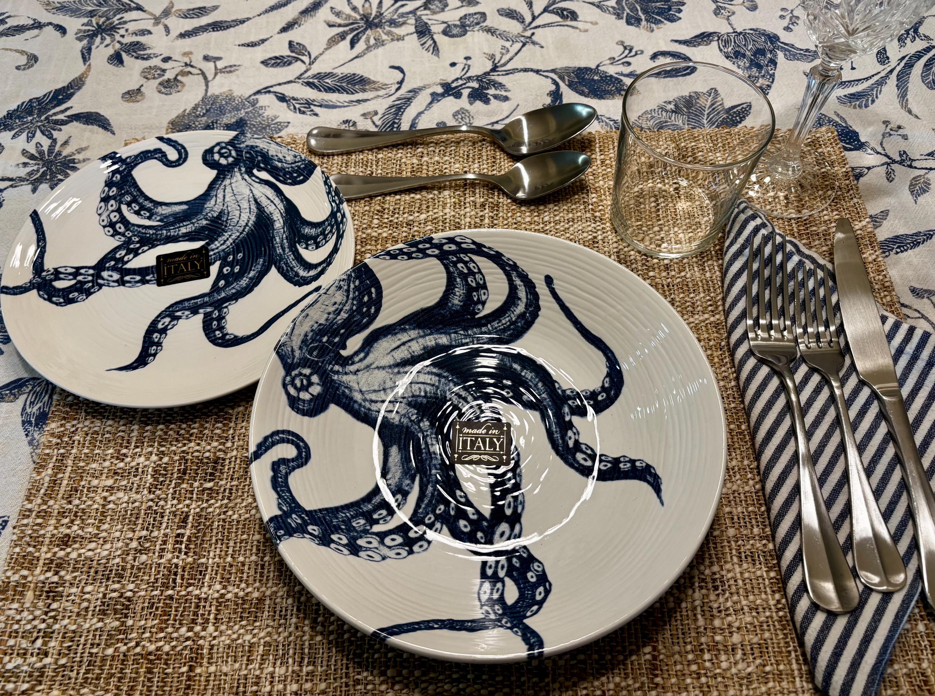 SET Authentic Italian Blue Octopus Ceramic 6 Lunch Salad Plates