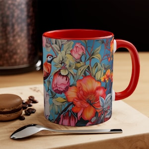 Red Bird Floral Coffee Mug: Vintage Style Accent Mug, 11oz
