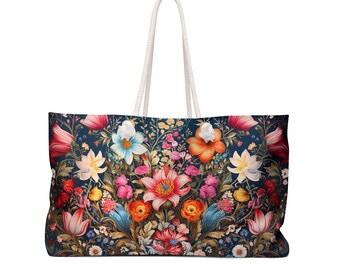 European Elegance Oversized Weekender Bag featuring Stylish Rope Handles - Flowers
