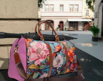Luxury European Pattern Waterproof Travel Bag - Bird in Flowers - Weekend Getaway Bag, Soft Living, Quite Luxury for Globetrotter
