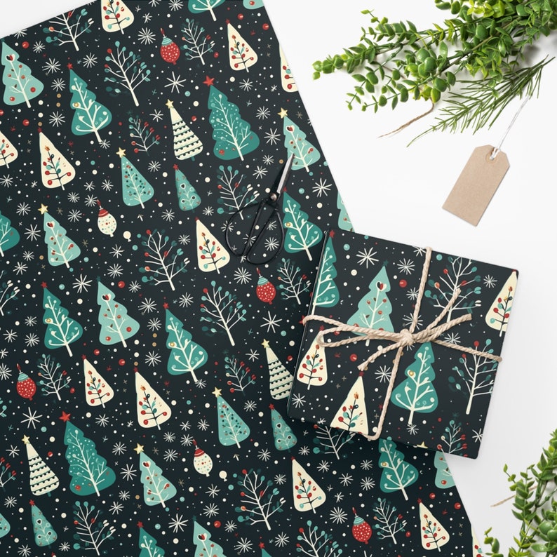 Christmas Trees and Ornaments Wrapping Paper  - Vintage Style - Christmas, Holiday, Birthday, Gift Wrapping