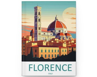 May include: A vintage travel poster featuring a colorful illustration of the Duomo, a famous cathedral in Florence, Italy. The poster has a blue, orange, and yellow color scheme and the text "FLORENCE ITALY" at the bottom.