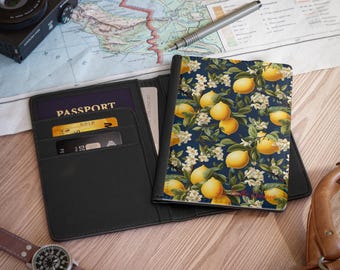 Passport Cover and Holder - Italian Lemons - Credit Cards, Cash Boarding Passes Size and RFID Blocker - Gift and Travel