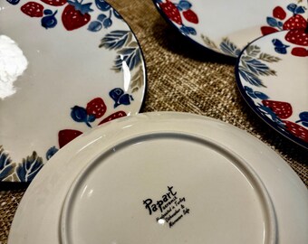 SET Vintage Style Red Strawberries and Blue Trim 8'' Plates