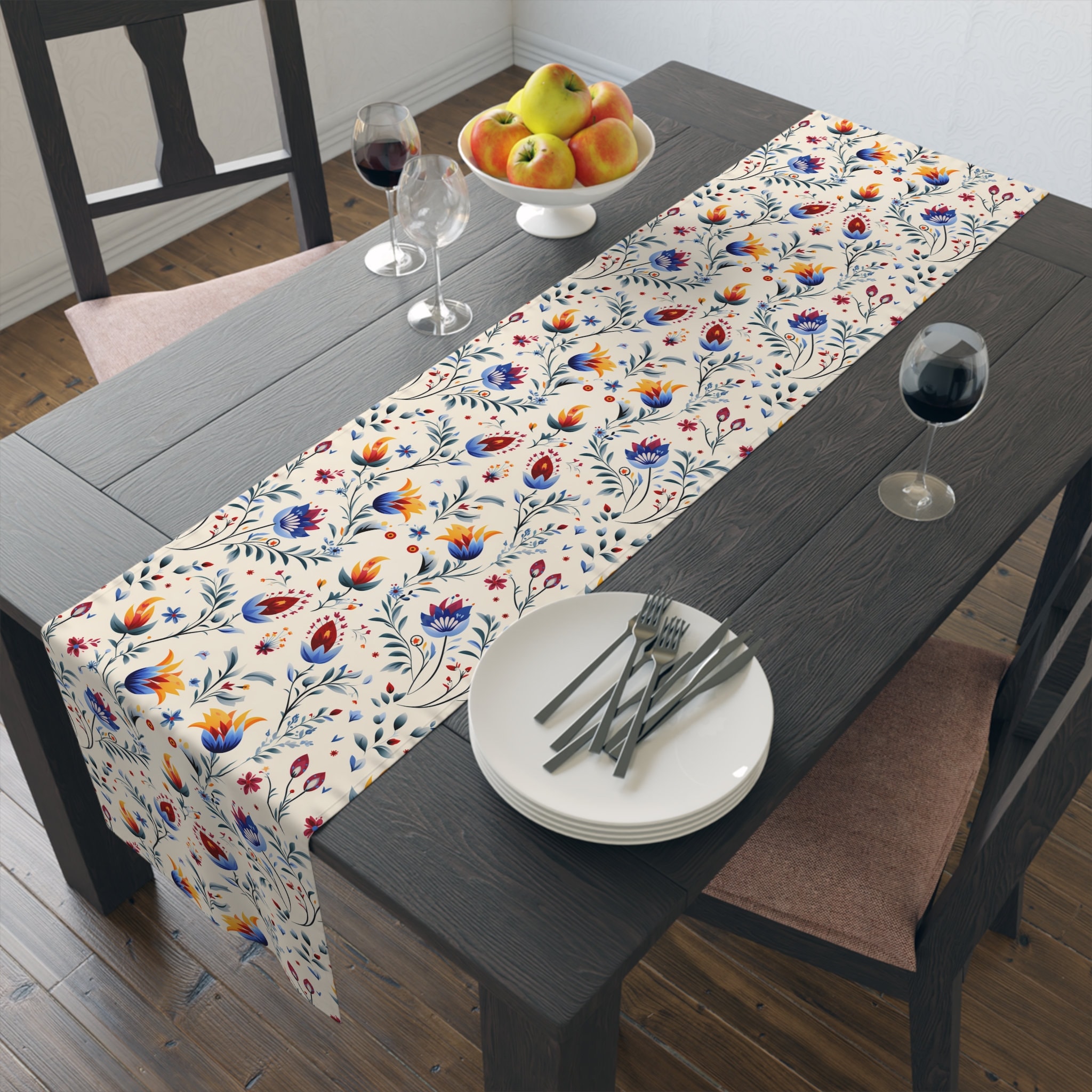Vintage Table Runner (Cotton, Poly) - Flowers - Autumn, Fall, Thanksgiving, Rustic Table Runner, Boho, Gift, Holiday Season