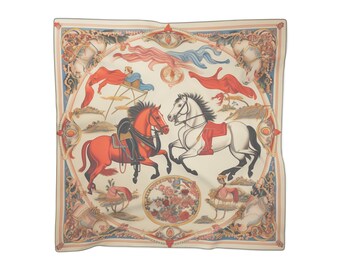 May include: A vintage-style square scarf with a white background and a colourful design. The design features two horses, one red and one white, with riders, and a floral motif. The border of the scarf is a blue and gold pattern.