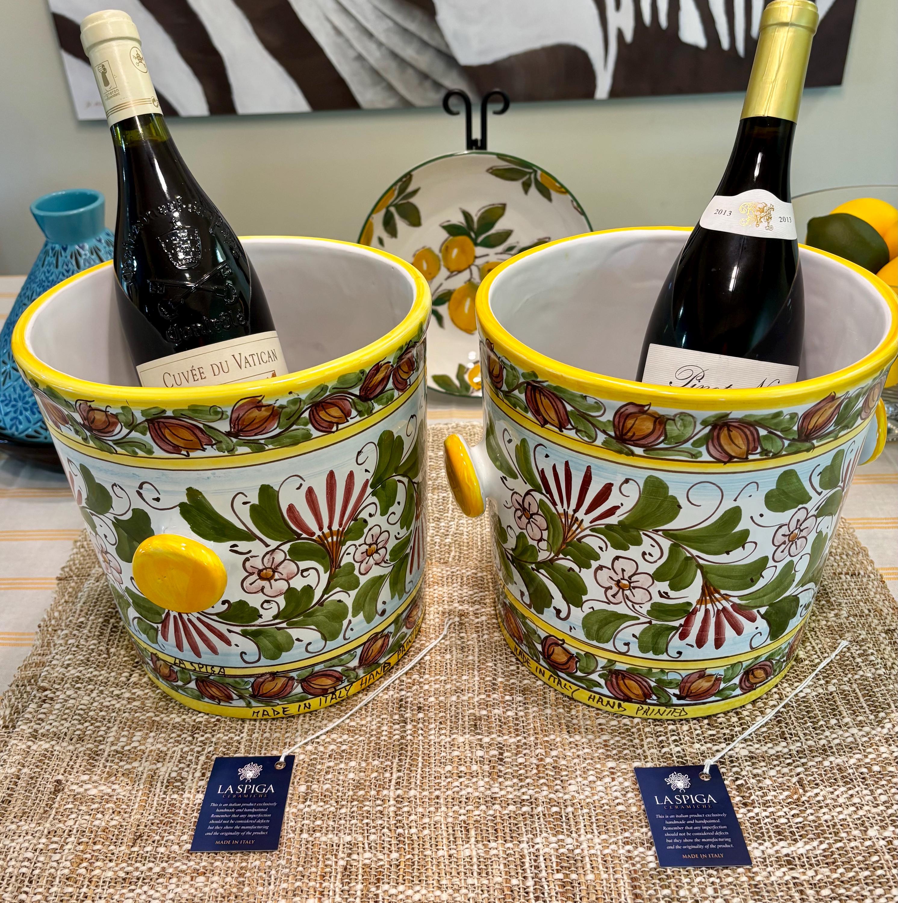 Hand-painted Sicilian Ceramic Wine Ice Bucket: La Spiga Floral