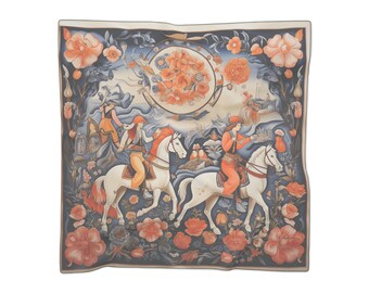 May include: A blue and white patterned silk scarf featuring a floral design and three figures riding white horses. The figures are wearing colourful clothing and are riding through a field of flowers.