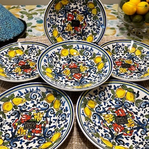 SET Authentic Italian Lemons and Geometric Ceramic 6 Bowls Set - Hand-Painted - Ceramiche italia