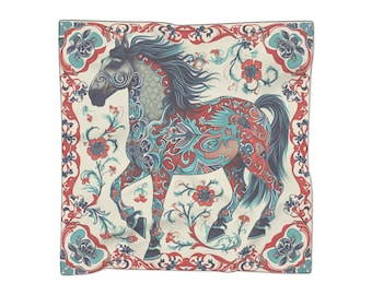 May include: A black horse with intricate blue and red floral patterns on its body, set against a white background with a red and blue floral border.