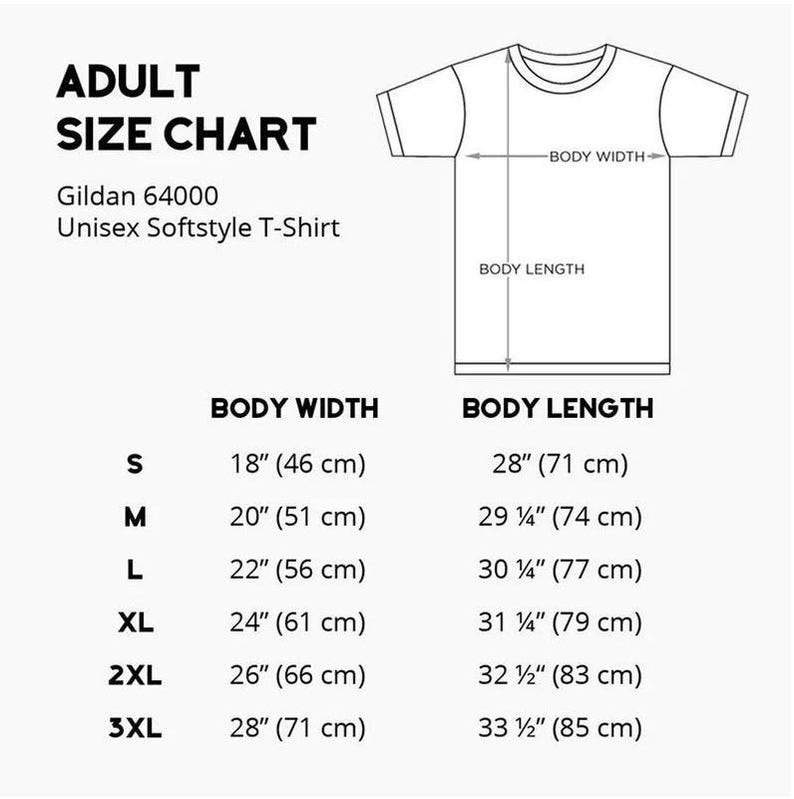K&ouml;nnte beinhalten: Eine Gr&ouml;&szlig;entabelle f&uuml;r Gildan 64000 Unisex Softstyle T-Shirts. Die Tabelle zeigt die K&ouml;rperbreite und -l&auml;nge in Zoll und Zentimetern f&uuml;r die Gr&ouml;&szlig;en S, M, L, XL, 2XL und 3XL.