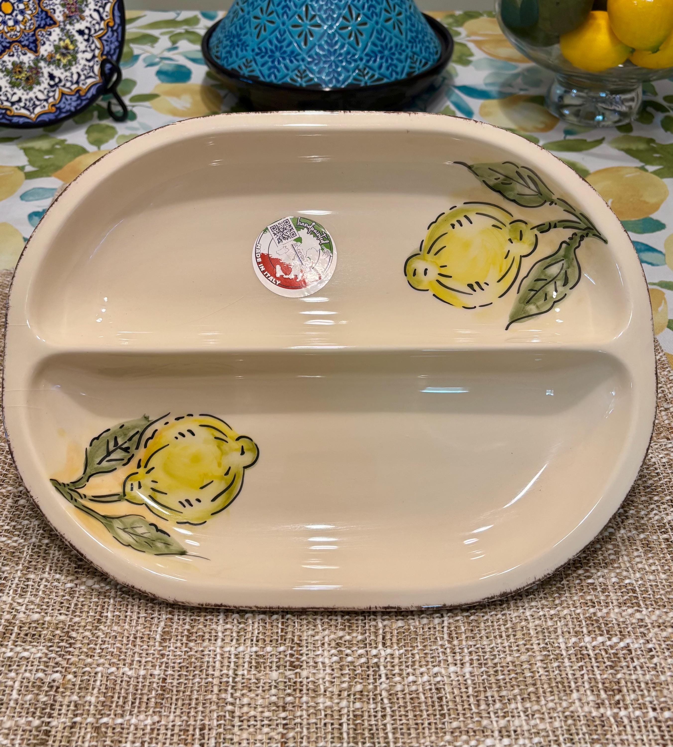 Italian Split Serving Plate, Handcrafted Ceramic With Floral