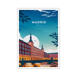Europäische Stadtansicht Kiss-Cut Aufkleber - langlebiges Vinyl mit glänzender Oberfläche - Madrid, Spanien
