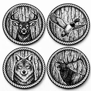 May include: Set of four black and white coasters featuring wildlife designs. Each coaster has a circular shape with a rope-like border. The designs include a deer, a duck in flight, a wolf, and an elk, all set against a wood grain background.