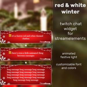 Puede incluir: Widget de chat de Twitch de invierno rojo y blanco con una luz animada festiva. El widget presenta un cuadro de chat con el texto "it's a festive red and white themed chatbox" y "there's even a little animated thing between messages". El widget también incluye un área de mensaje largo con el texto "long message long message long message long message long message long message long message long message long message long message long message long message".