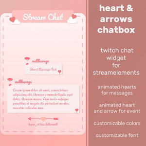 May include: A pink and white Twitch chat widget with a heart and arrow theme. The widget features animated hearts for messages and an animated heart and arrow for events. The widget is customizable with different colors and fonts. The text on the widget says "Stream Chat", "Short Message Test", "nullkurage", and "haze_vt has followed!"
