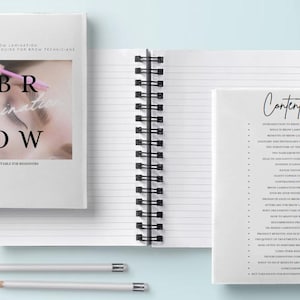 May include: A white spiral bound notebook with the title "BROW lamination" and the text "A comprehensive guide for brow technicians. Suitable for beginners." The notebook is open to a page with the title "Contents" and a list of topics related to brow lamination.