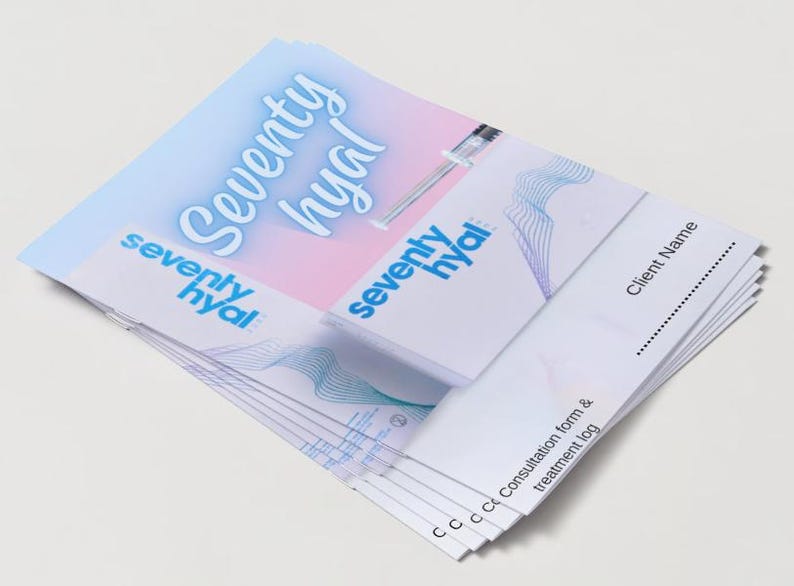 May include: A stack of white paper forms with the text "seventy hyal" in blue and pink. The forms have a line for "Client Name" and the text "Consultation form & treatment log".