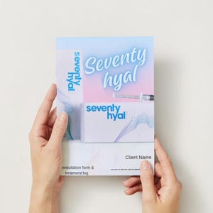 May include: A blue and pink brochure with the text "Seventy Hyal" and a syringe. The brochure has a consultation form and treatment log.