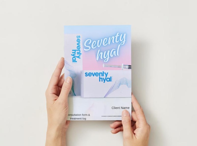 May include: A blue and pink brochure with the text "Seventy Hyal" and a syringe. The brochure has a consultation form and treatment log.