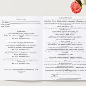 May include: A white medical form with a black heading "Treatment Information" and a black heading "Patient Information". The form includes questions about medical history, allergies, and consent for treatment.
