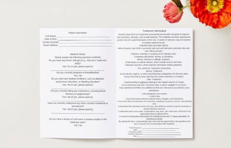 May include: A white medical form with a black heading "Treatment Information" and a black heading "Patient Information". The form includes questions about medical history, allergies, and consent for treatment.
