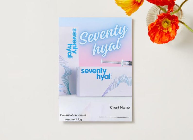 May include: A white and blue consultation form and treatment log with the text "seventy hyal" in blue and pink. The form has a space for the client's name.