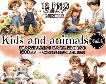 Children and Animals Clipart Bundle Vol.2, cute vintage watercolor digital clip arts, transparent PNG format, Commercial use, Hobby DIY, Kids