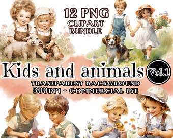 May include: A set of 12 digital clipart images featuring children interacting with animals. The images are in a vintage style with a soft, pastel colour palette. The children are dressed in overalls and have curly hair. The animals include a lamb, a rabbit, a dog, and chicks. The images are perfect for creating invitations, cards, scrapbook pages, and other craft projects.  Kids and animals Vol.1.  Transparent background. 300dpi - Commercial use.