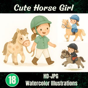 May include: A set of watercolour illustrations with a horse riding theme. The image shows a girl in a green riding helmet and shirt, leading a pony. Other images show the girl riding horses. Text reads "Cute Horse Girl" and "HD-JPG Watercolor Illustrations."