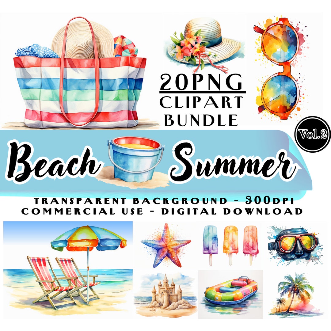 Summer Beach Clipart Bundle Vol.2, Summer Vacation Beach Watercolor ...