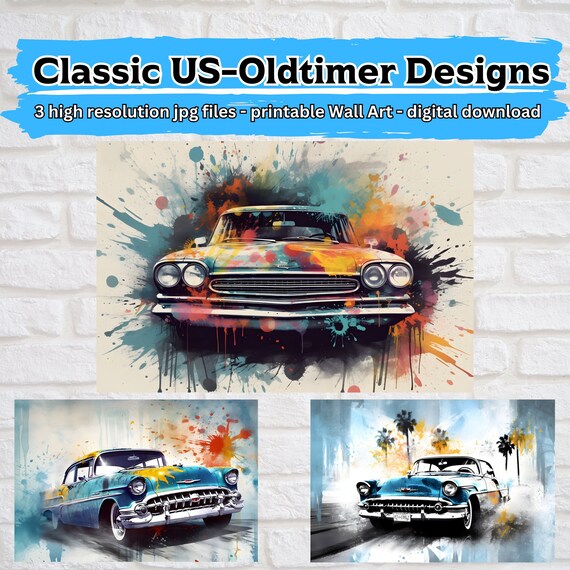 Classic US-Oldtimer Digital Wall Art Design Bundle Vol.1, printable Poster-wallpaper-Wandkunst, 3 high resolution JPG Files,digital download