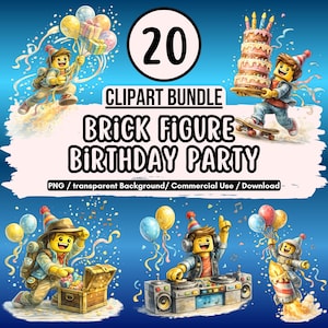 Paquete de imágenes prediseñadas de cumpleaños con figuras de ladrillo | 20 gráficos PNG | Transparente | Figuras de juguete para decorar fiestas de cumpleaños | Hazlo tú mismo + Comercial | Descargar