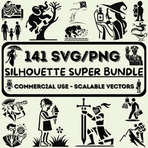 Könnte beinhalten: Ein Schwarzweiß-Grafikdesign-Paket mit 141 SVG- und PNG-Silhouettenbildern. Das Paket enthält Bilder einer Hexe, eines Ritters, eines Bären, eines Elefanten, eines Dschinns, eines Polizisten, eines Piraten, eines Mädchens mit Eiscreme und viele mehr. Der Text "141 SVG/PNG SILHOUETTE SUPER BUNDLE" wird in der Mitte des Bildes angezeigt. Der Text "COMMERCIAL USE - SCALABLE VECTORS" wird unter dem Titel des Pakets angezeigt.