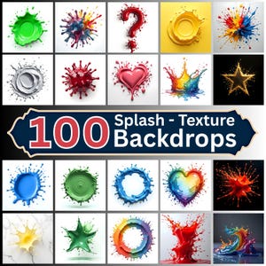May include: A grid of colorful splash designs, including a green swirl, a red question mark, and a rainbow heart. The text "100 Splash - Texture Backdrops" is displayed in a banner.