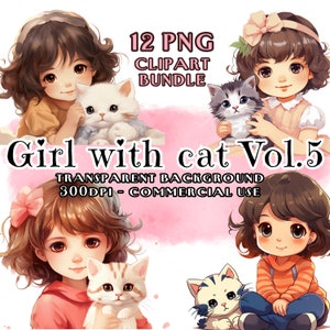 Girl with Cat Clipart Bundle Vol.5, Girl with Cat Watercolor+other styles clipart, transparent PNG, Commercial use, Hobby DIY, kids