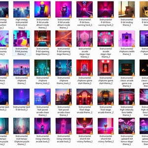 May include: A collection of digital art thumbnails, each featuring a unique scene with text. The themes include instrumental music tracks, arcade games, and chiptune music. The color palette is dominated by vibrant neon colors.