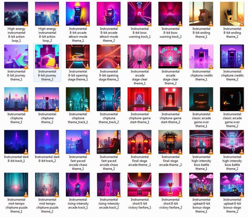 May include: A collection of digital art thumbnails, each featuring a unique scene with text. The themes include instrumental music tracks, arcade games, and chiptune music. The color palette is dominated by vibrant neon colors.