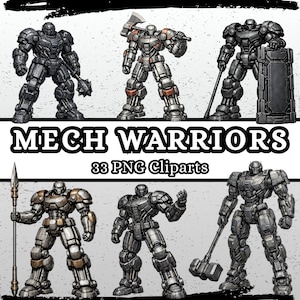 Könnte beinhalten: Digitale Illustration von sechs detaillierten Mech-Kriegern in verschiedenen Posen, jeweils mit verschiedenen Waffen bewaffnet. Die Mechs sind hauptsächlich grau mit metallischen Akzenten. Der Text unten lautet "MECH WARRIORS" und "33 PNG Cliparts."