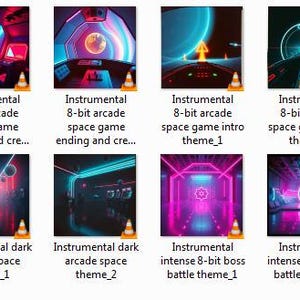 May include: A collection of digital art pieces featuring retro-style space and arcade game themes. Each image has a unique design with vibrant colors, including neon pinks, blues, and purples, and text labels such as "High-energy instrumental 8-bit shooter theme_1".