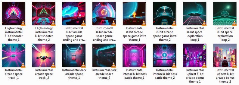 May include: A collection of digital art pieces featuring retro-style space and arcade game themes. Each image has a unique design with vibrant colors, including neon pinks, blues, and purples, and text labels such as "High-energy instrumental 8-bit shooter theme_1".