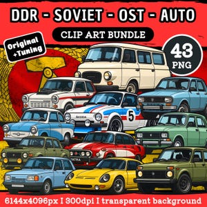 Puede incluir: Un paquete de imágenes prediseñadas digitales con 12 coches clásicos en varios colores, incluyendo blanco, azul, verde, rojo y amarillo. La imagen incluye el texto "DDR - SOVIET - OST - AUTO" y "CLIP ART BUNDLE". La imagen también incluye el texto "Original + Tuning" y "43 PNG".