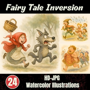 May include: Watercolor illustrations featuring scenes from fairy tales. The image includes Little Red Riding Hood, a wolf, and other characters. The text "Fairy Tale Inversion" and "HD-JPG Watercolor Illustrations" are displayed.
